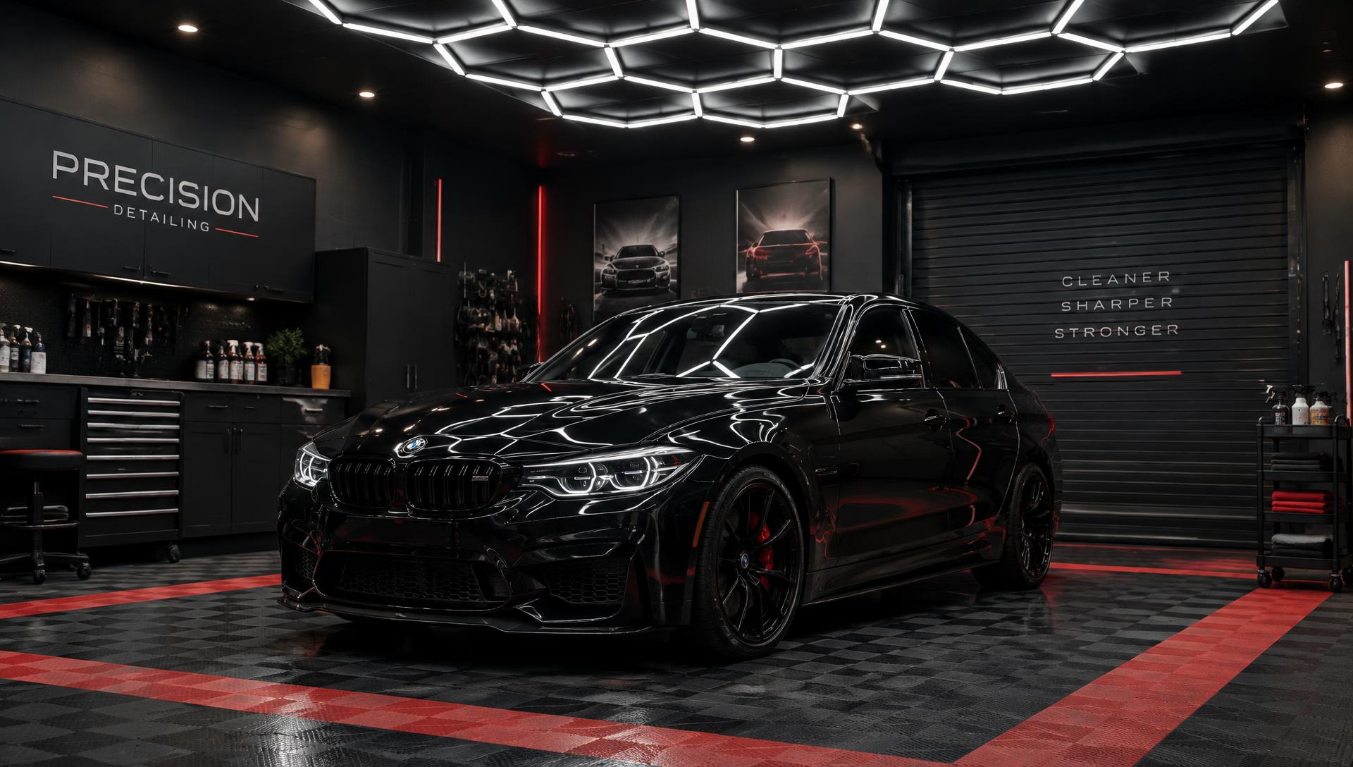 Illustrative black sedan in a tint installation studio